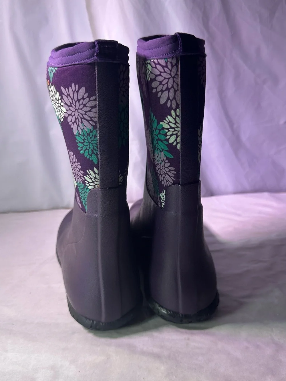 Bogs Purple Floral Waterproof Rain Boots with Teal Accents